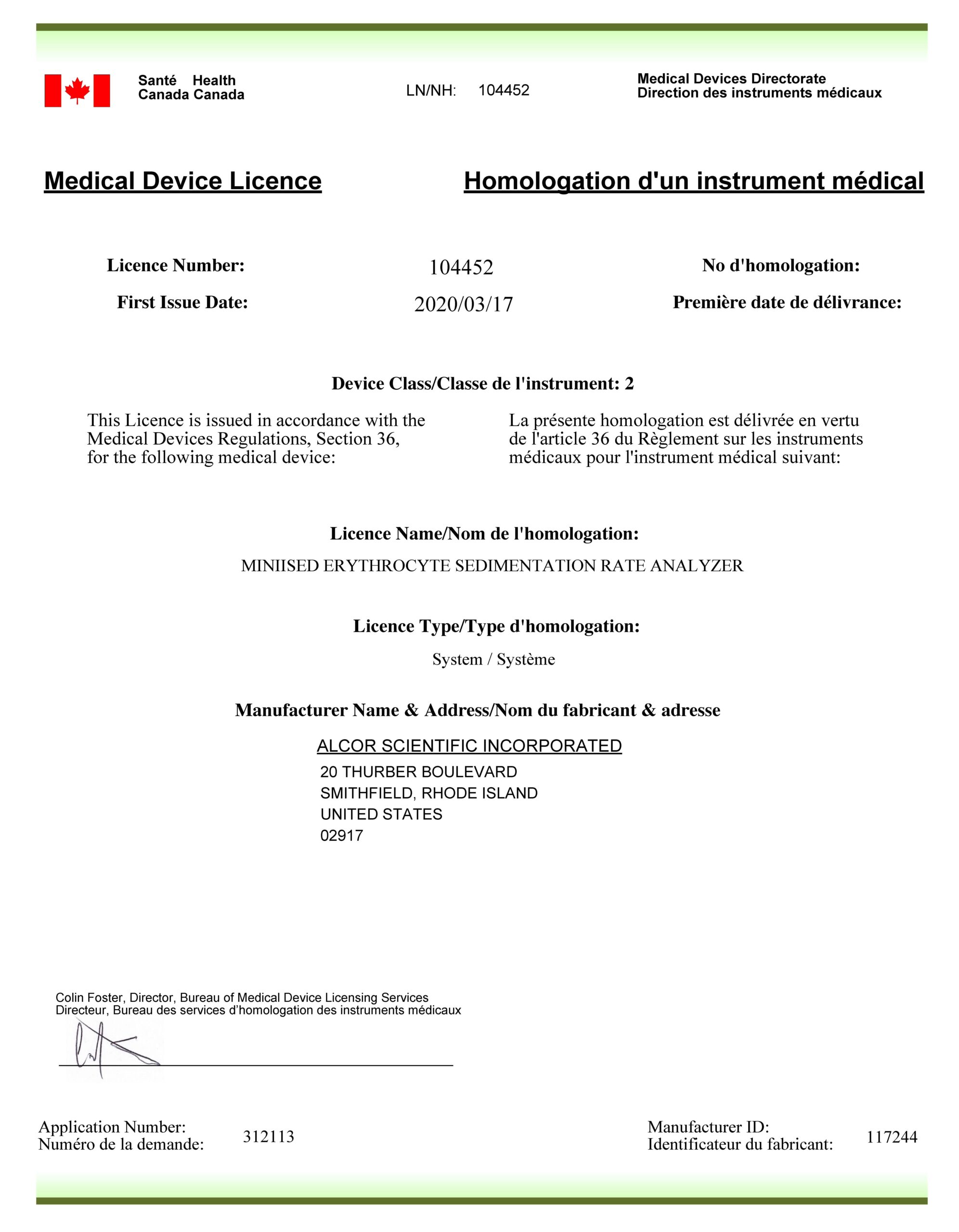 Copy of the Medical Device License number 104452 issued for ALCOR MniiSED ESR ANALYZER device.