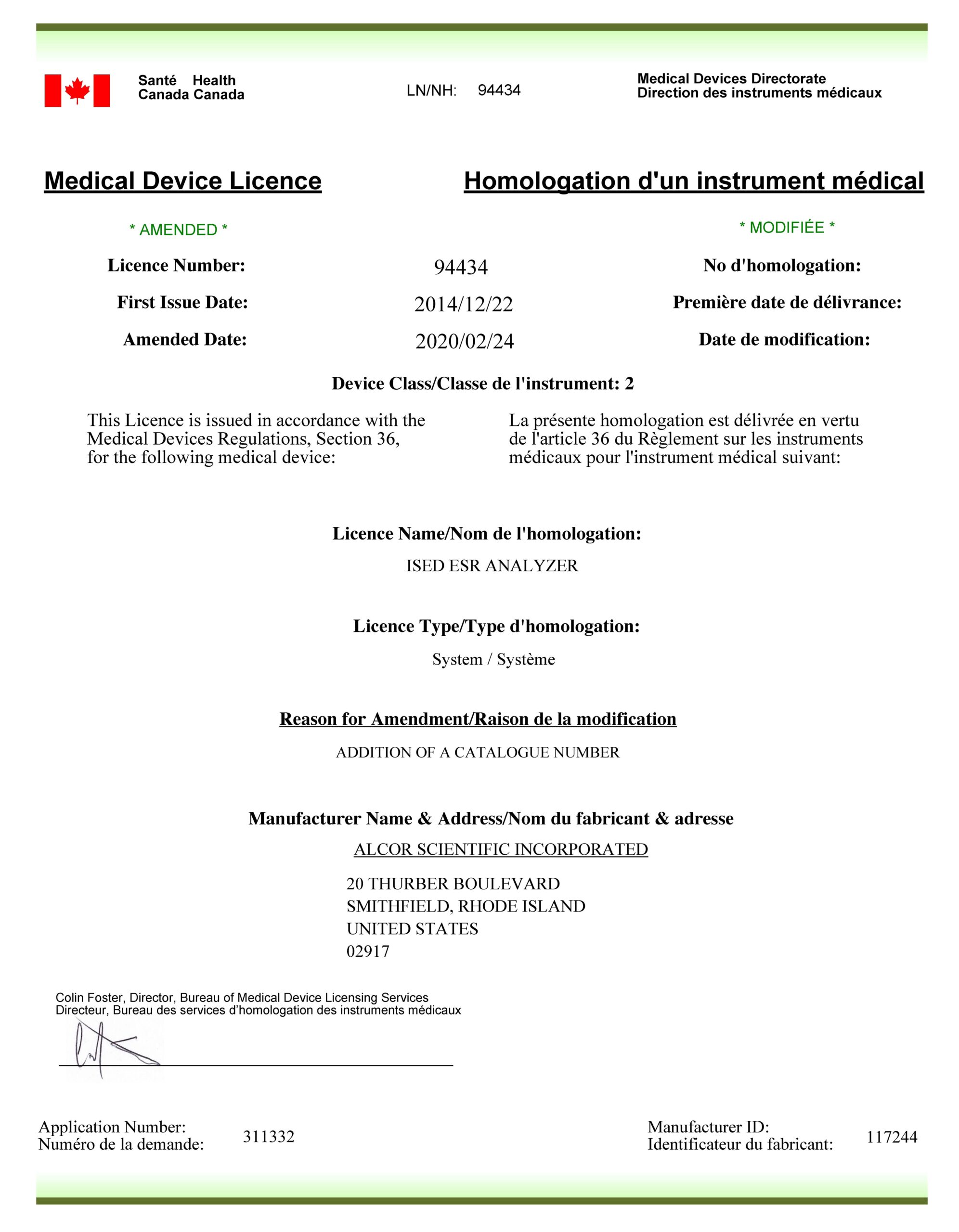 Copy of the Medical Device License number 94434 issued for ALCOR iSED ESR ANALYZER device.