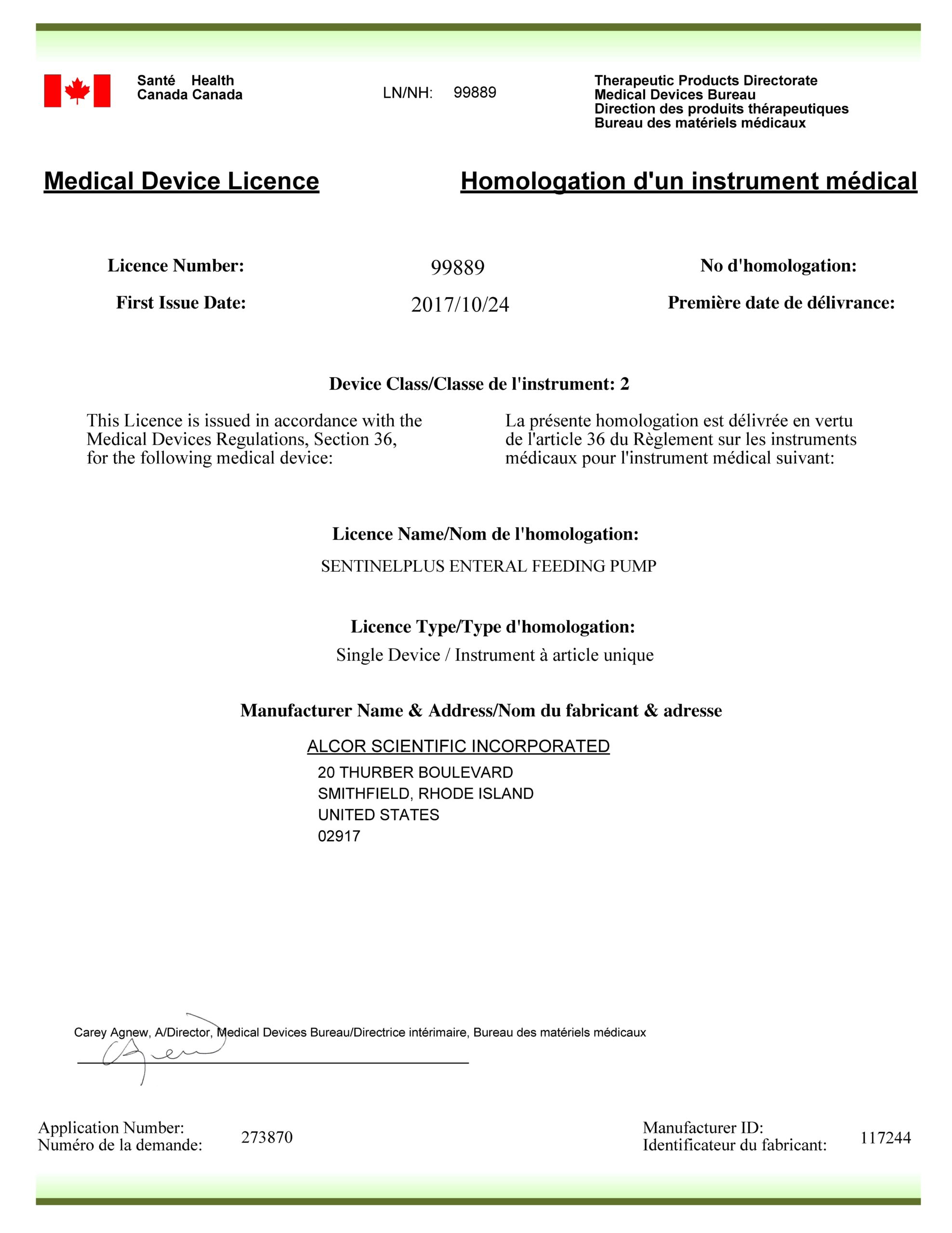 Copy of the Medical Device License 99889 issued for the ALCOR Sentinel Plus Enteral Feeding Pump device.