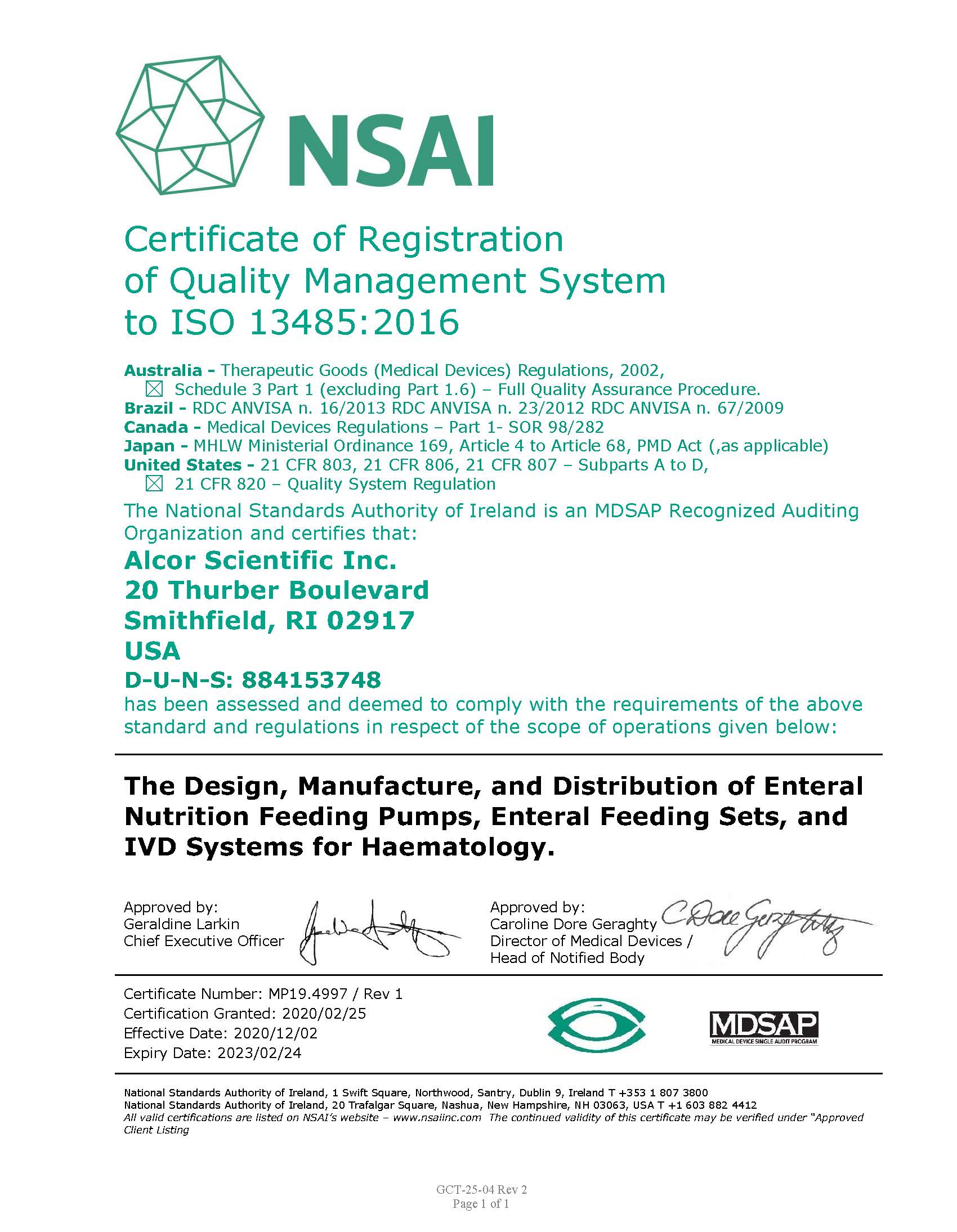 Copy of MP19.4997 Certificate of Registration of Quality Management System to ISO 13485:2016 MP19.4997