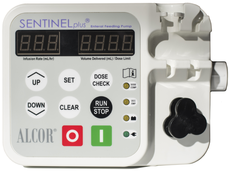 Image of SENTINEL plus Enteral Feeding Pump device with on and off buttons among others.